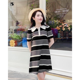 Đầm nữ Twentyfive cổ polo dáng A ngắn họa tiết kẻ ngang vải thun gân TL02