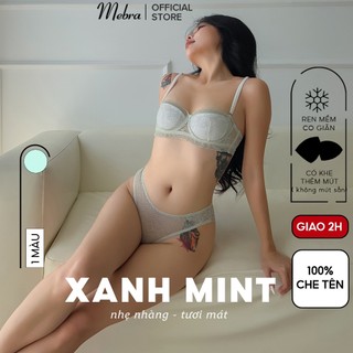 Bộ đồ lót ren nữ xanh mint có gọng cup ngực nửa quả quần cánh tiên dây vai tháo rời không mút 2 lớp lót lưới Mebra