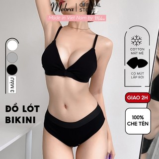 Bộ đồ lót cotton 2 mảnh áo bra không gọng mút mỏng có móc lưng quần tam giác chun bản to Mebra A060C