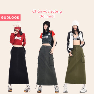 Chân Váy Maxi Túi Hộp Phong Cách y2k GUDLOOK Kaki Rút Dây Màu Đen Ghi Rêu