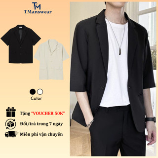 Áo Blazer nam ngắn tay TMAN from rộng vải lụa thoáng mát không nhăn - Blazer cộc tay 2 màu basic dáng trẻ trung hàn quốc