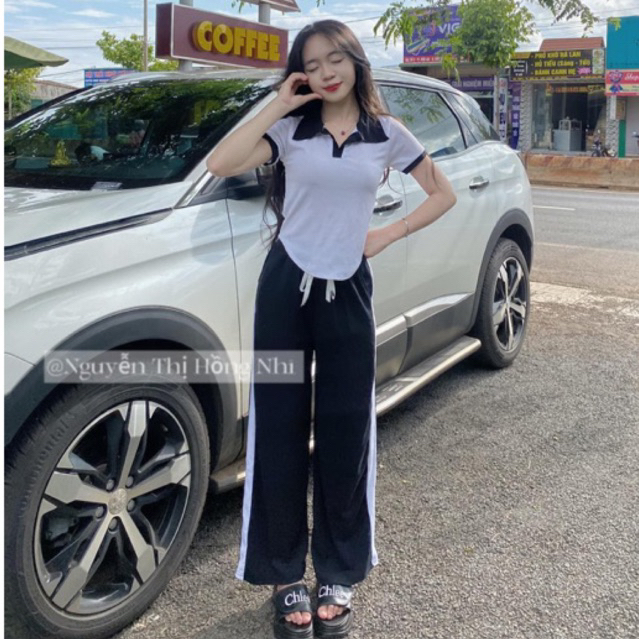 Set Quần suông 1 sọc + croptop cổ bẻ phối viền
