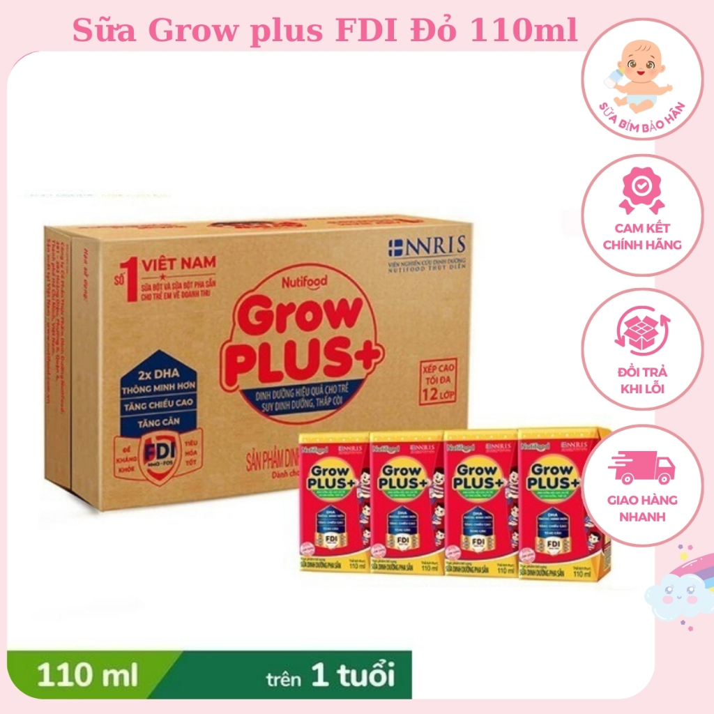 Thùng Sữa Grow plus FDI Đỏ 110ml ( Thùng x 48 hộp ) dưỡng chất hiệu quả cho trẻ suy dinh dưỡng thấp còi