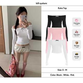  Áo trễ vai tay dài Kill System viền ren đính nơ Ruka