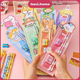 Bộ Dụng Cụ Học Tập 5 Món Gồm Bút Chì + Tẩy + Thước Kẻ + Gọt Bút Chì Quà Tặng Cho Học Sinh Dễ Thương TEECI D080