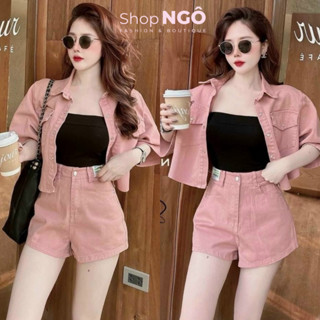 Set thời trang nữ 3 món chất KAKI áo lót thun đen khoác tay lỡ + quần short ngắn màu hồng phong cách cá tính