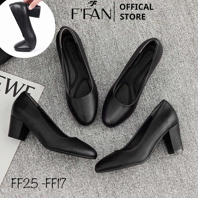  Giày tiếp viên hàng không nữ đế vuông mũi tròn  da thật  mềm mại cao gót công sở bít mũi 3 5 7 phân big size FFAN STORE 