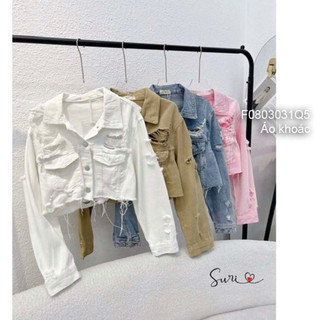 Áo khoác kaki jean form croptop phối rách có túi cổ bẻ tay dài!