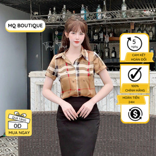 Áo kẻ karo sơ mi nữ lụa cộc tay cao cấp công sở màu trắng họa tiết chữ to nhiều màu, áo sơ mi thiết kế MQ Boutique