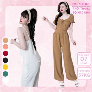 Set Bộ Kiểu Nữ NHISTORE Quần Dài Ống Rộng Áo Croptop Cổ Vuông Tay Phồng Rút Dây Freesize Dưới 55Kg