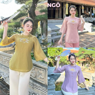 Đồ lam đi chùa,Set bộ lam thêu hoa sen quần dài ống suông pháp phục cao cấp thanh lịch 4 tone màu nhẹ nhàng cao cấp