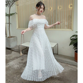 Đầm đi dự tiệc, váy ren dự tiệc 2 dây trễ vai dáng xòe dài chân dập ly thiết kế đi chơi du lịch dự tiệc tiểu thư sang LE