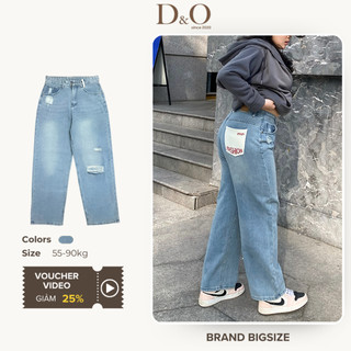 Quần jean nữ Bigsize 55-84kg quần ống rộng lưng cao tôn dáng xanh thêu túi 1160 rách gối không giãn dài 105cm