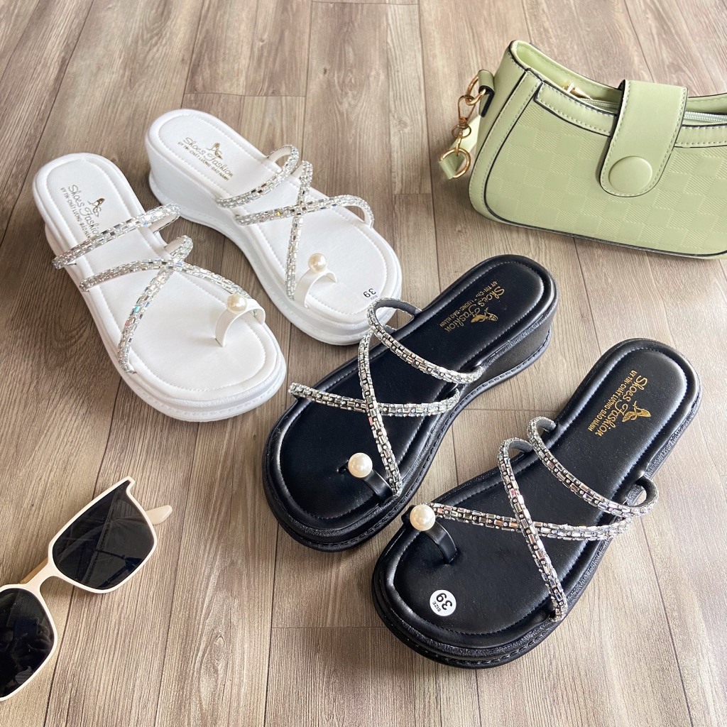Dép bánh mì _dép đế xuồng đế cao quai chéo dây đá phối ngọc [GIÁ TỐT NHẤT] chiêu cao 5cm chinh phục phong cách phái đẹp