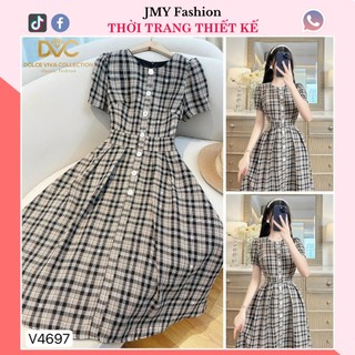 V4697 Váy đầm kẻ xòe thiết kế công sở [Dolce Viva Colection (DVC)] đầm kẻ nâu be dáng xòe xếp ly nữ tính