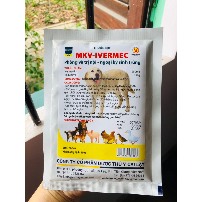 MKV ivermectin 100gram. Bột trộn cho chó ăn giúp hết ve, rận, bọ chét.