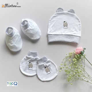 Set mũ sơ sinh tai thỏ trắng in hình - tay chân bo vải viscose rayon thương hiệu MINTUU - 9043