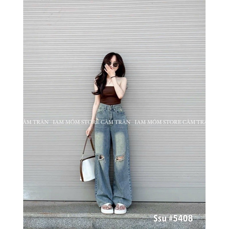 Quần jeans suông mài đùi rách 2 bên gối cạp cao chất bò dày S337