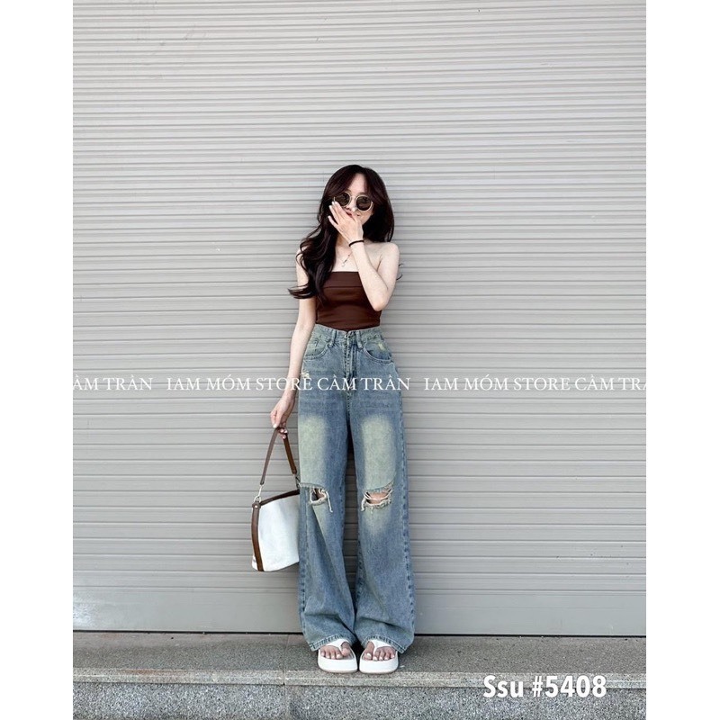 Quần jeans suông mài đùi rách 2 bên gối cạp cao chất bò dày S337