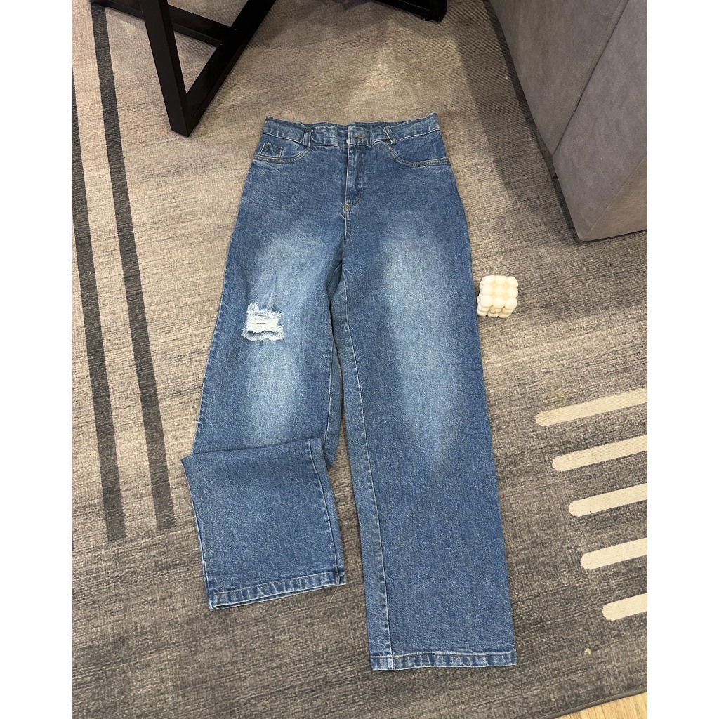 Quần jeans suông mài đùi rách 2 bên gối cạp cao chất bò dày S337
