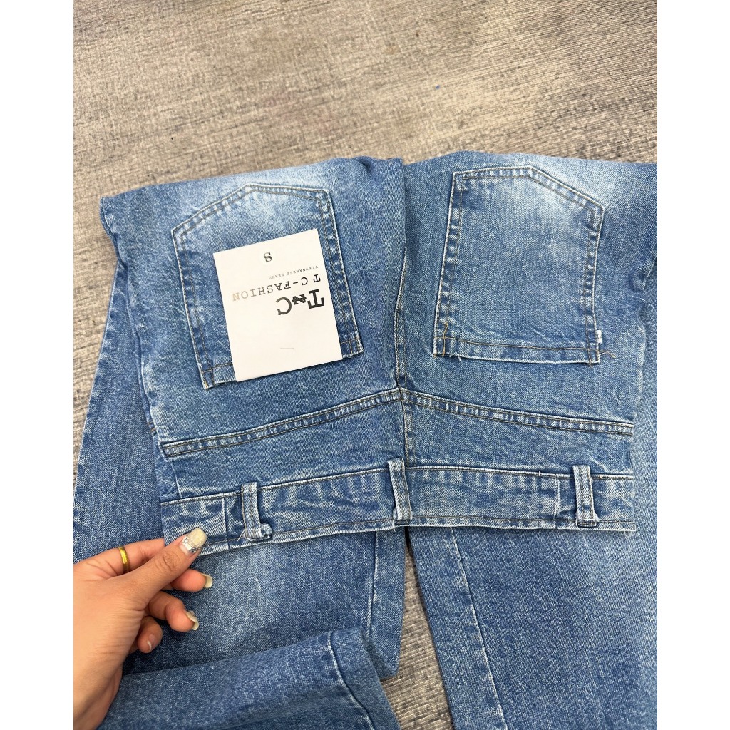 Quần jeans suông mài đùi rách 2 bên gối cạp cao chất bò dày S337