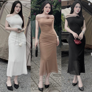 Đầm Maxi Thiết Kế Dáng Dài Lưới Mặc Lệch Vai Hoặc Trễ Vai Đính Hoa Ngực Đi Chơi Đi Tiệc Sang Trọng M140