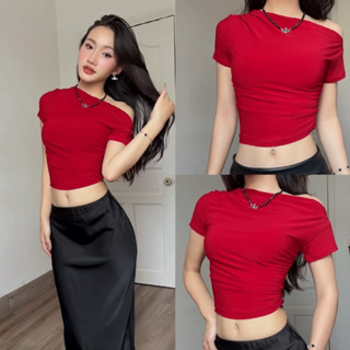 Áo lệch vai nhún eo chất vải thun mịn co dãn có size LOVEKIUTEE