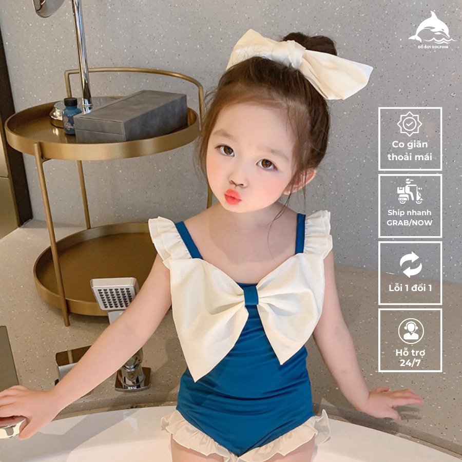 Bikini cho bé gái, đồ bơi liền thân phối nơ điệu đà tặng kèm mũ bơi cho bé gái 3 - 4 tuổi