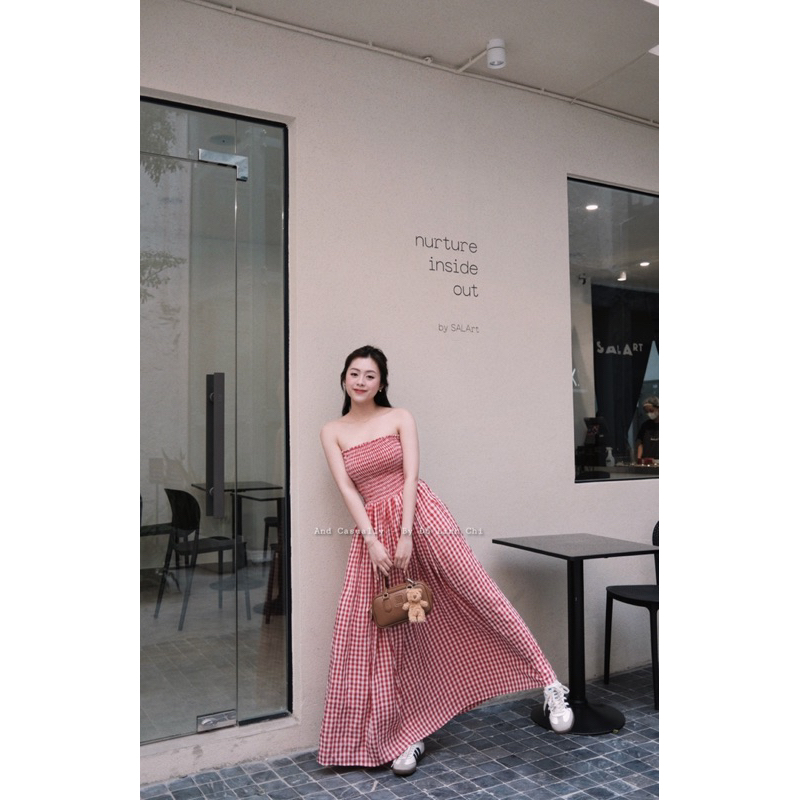 Váy quây bo chun kẻ caro