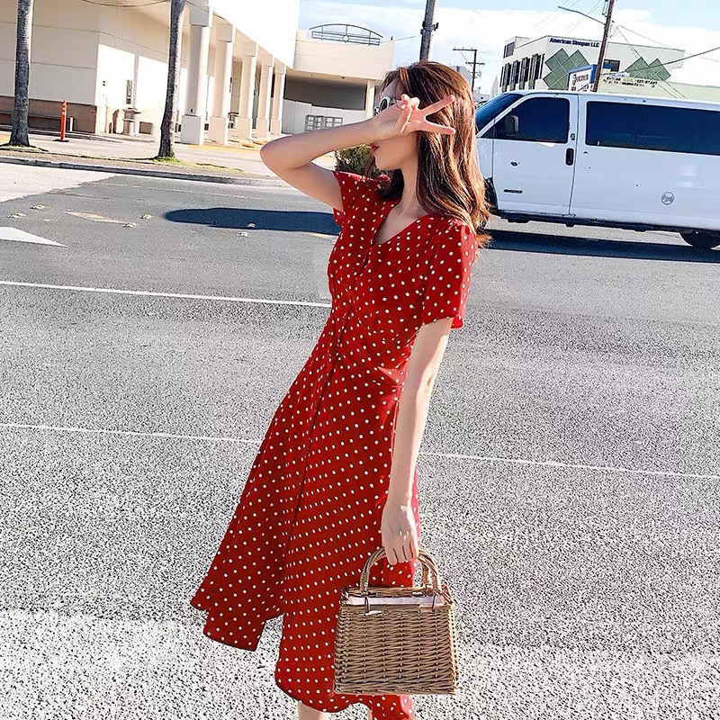 Đầm váy bi đỏ dáng dài thun eo du lịch dạo phố