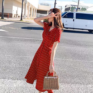 Đầm váy bi đỏ dáng dài thun eo du lịch dạo phố