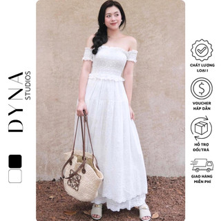 Váy quây tay rời nhún chun 𝐀𝐒𝐇𝐘𝐋𝐄𝐘 chân xoè dài thêu hoa hai màu đen trắng