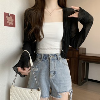 Áo khoác cardigan len mỏng croptop nữ dệt kim Xuyên thấu Hàn Quốc Áo khoác crt nữ Cardigan Khuy ngọc