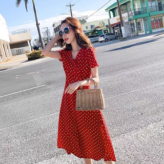 Đầm váy bi đỏ dáng dài thun eo du lịch dạo phố