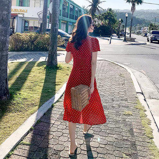 Đầm váy bi đỏ dáng dài thun eo du lịch dạo phố
