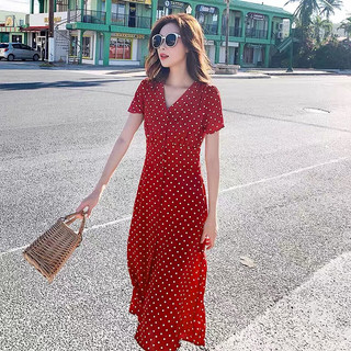 Đầm váy bi đỏ dáng dài thun eo du lịch dạo phố