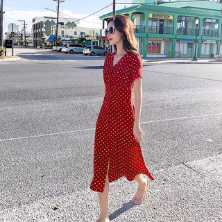 Đầm váy bi đỏ dáng dài thun eo du lịch dạo phố