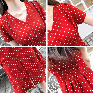 Đầm váy bi đỏ dáng dài thun eo du lịch dạo phố