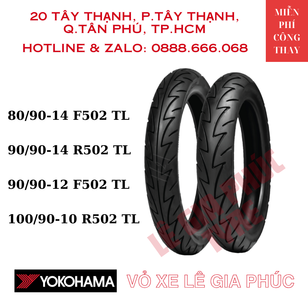 Vỏ xe máy Yokohama S502 80/90-14 TL, 90/90-14 TL, 90/90-12 TL, 100/90-10 TL, AIR BLADE, ATILA, LEAD,