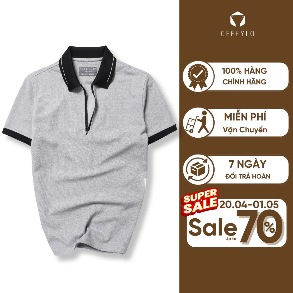 Áo polo cộc tay nam CEFFYLO With Zip chất vải cotton thoáng khí hạn chế nhăn phom slimfit kiểu dáng basic thời trang nam