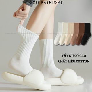 Tất trắng cao cổ họa tiết sọc gân GOMTAT, vớ trắng trơn cổ cao nữ chất vải mềm mịn mát OAS-1701-1DOI