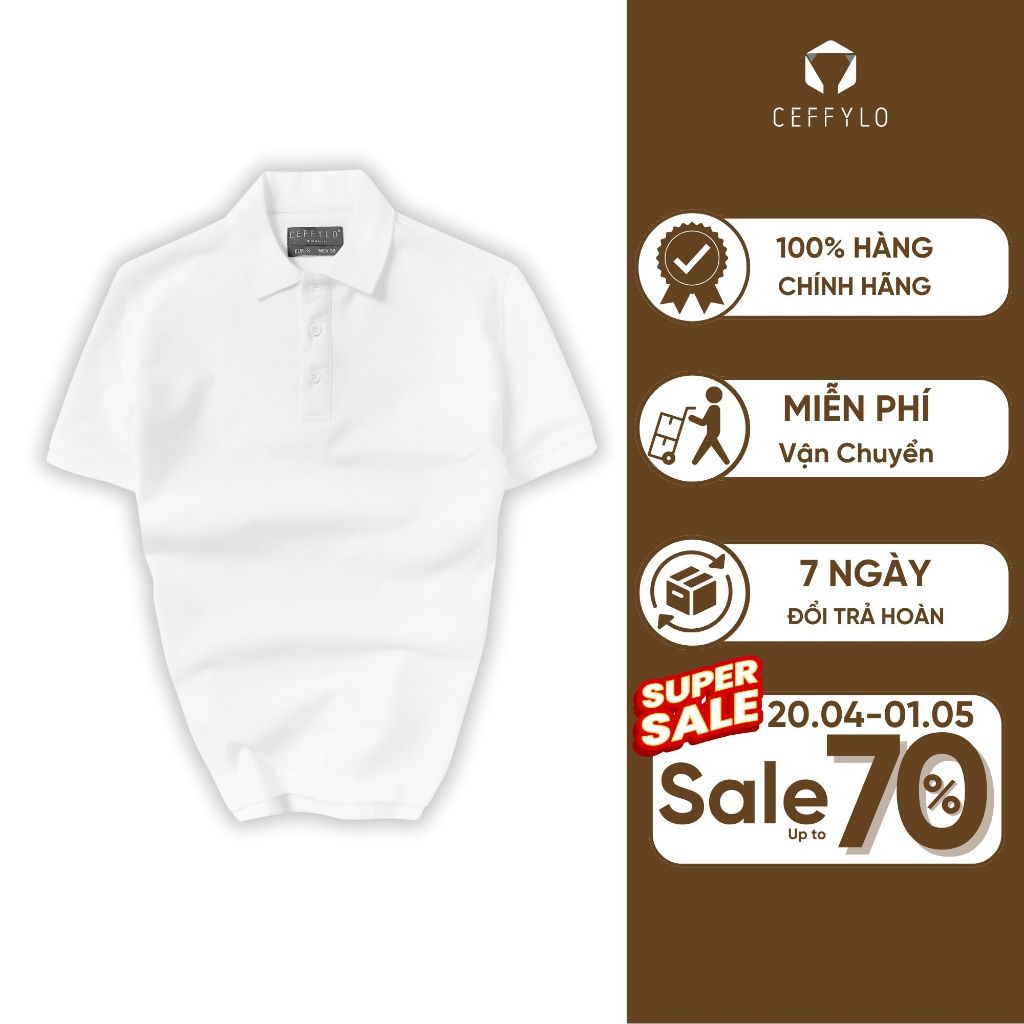 Áo polo nam trơn CEFFLO màu trắng chất cotton thoáng khí hạn chế nhăn mềm mại co giãn hạn chế nhăn thời trang nam