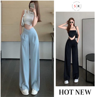 Quần Ống Suông, Quần Dài Ống Rộng Cạp Cao Cách Điệu Chữ V Dây Eo Tôn Dáng Sành Điệu Dễ Phối Đồ 55SK
