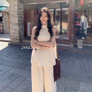 Set áo yêm đũi gân kèm quần ống xuông phong cách vintage Hàn Quốc