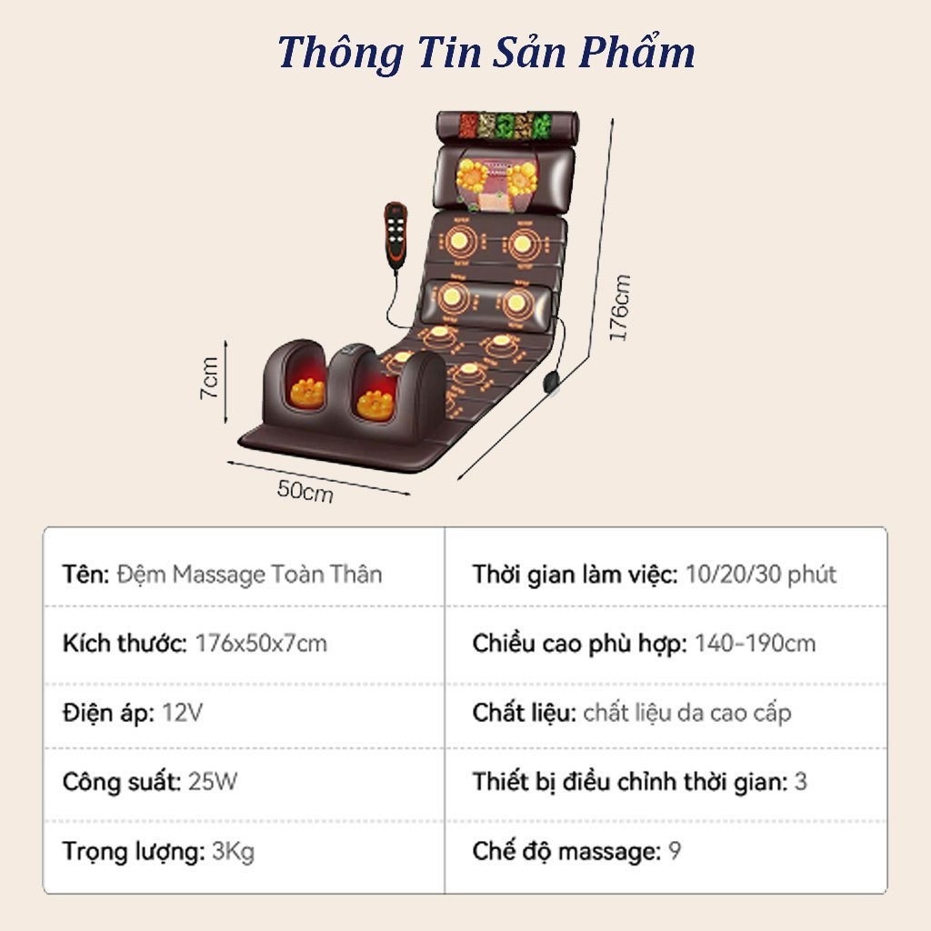 Nệm Massage toàn thân MeXI kèm đệm massage chân 12 điểm, thảm ghế mát xa rung, làm ấm, hồi phục