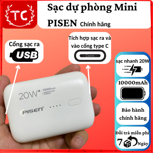 Pin dự phòng sạc nhanh Pisen siêu nhỏ gọn 10000mAh - Hỗ trợ QC 3.0 và PD 3.0 20W (trắng)