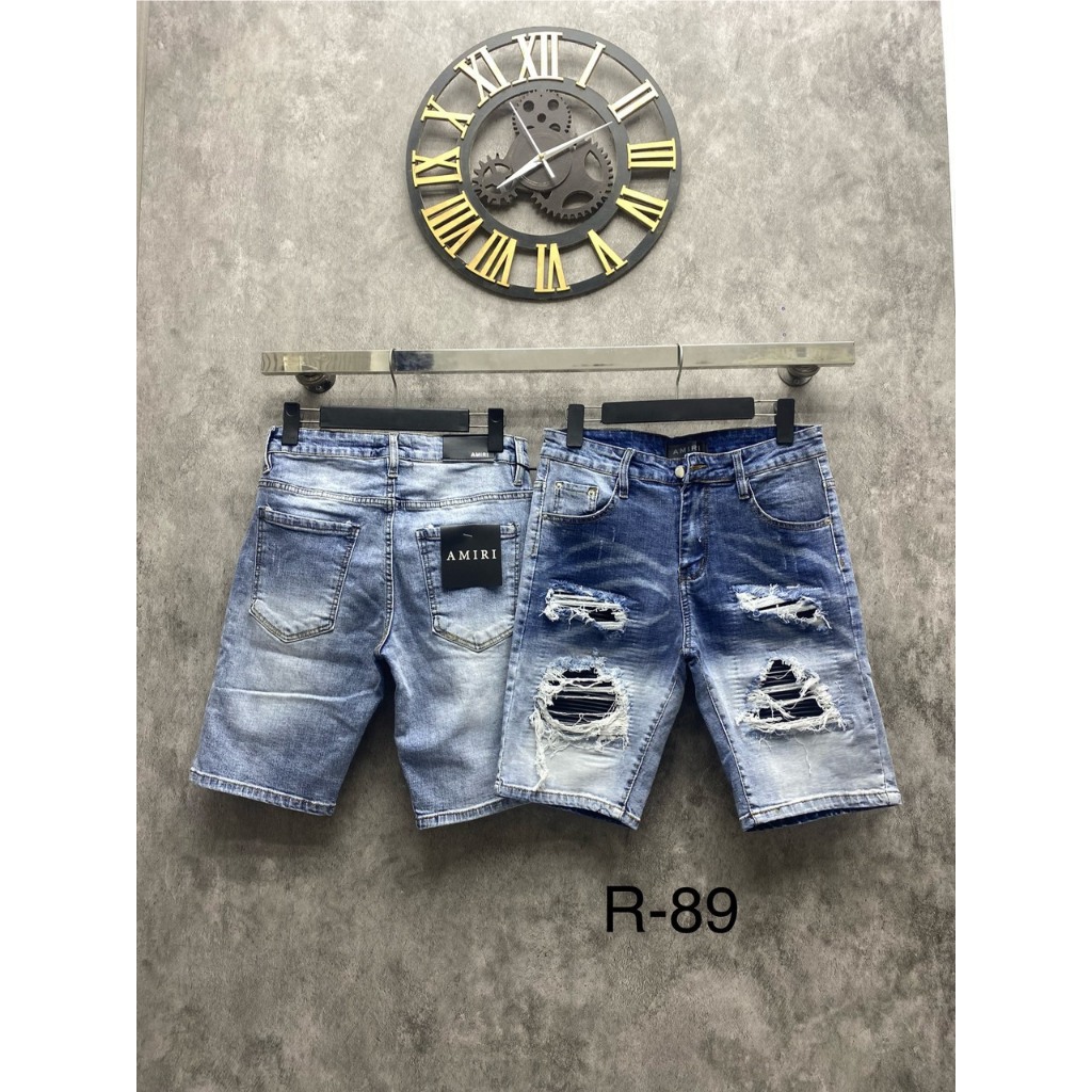 Quần short jean nam amiri xanh rách, vá da nhăn. Vải denim mềm thấm hút mồ hôi tốt, co giãn nhẹ