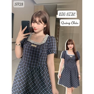 Đầm che bụng BIGSIZE QUẢNG Châu Caro CR phối Ren cổ vuông tiểu thư dễ thương XANH - 17728