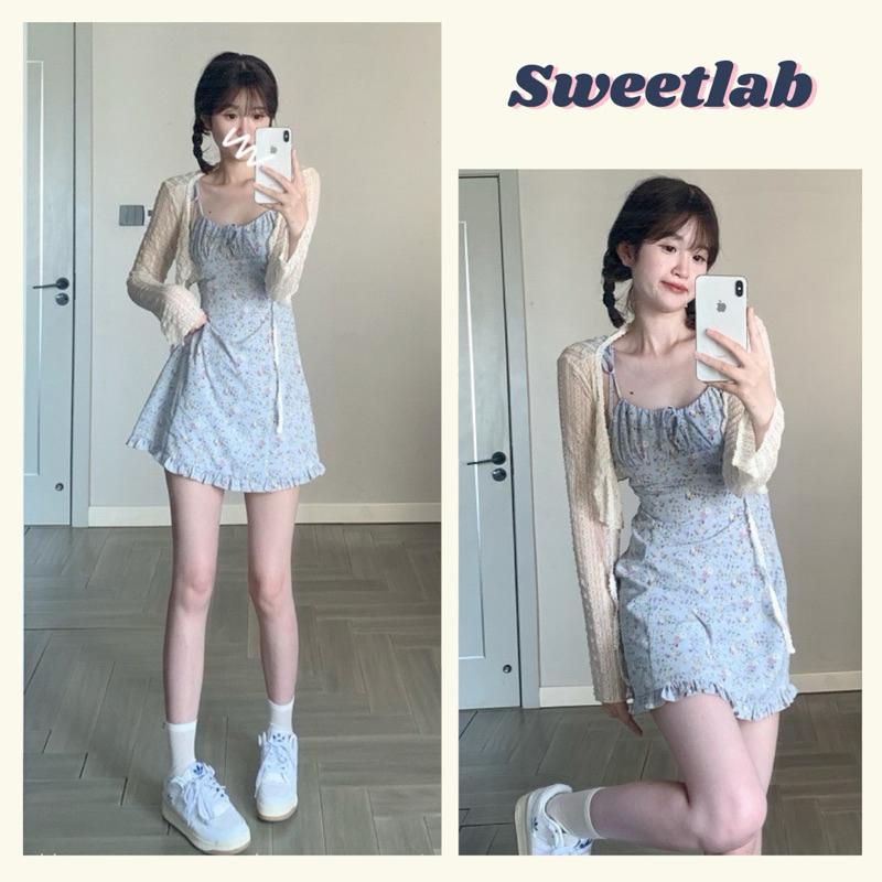 Set Váy Hai Dây + Áo Cardigan Hoa Nhí Dáng Chữ A Hai Lớp