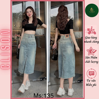 Chân váy jean co giãn lưng cao xẻ trước clison clinic có túi ôm dáng dễ thương cv135